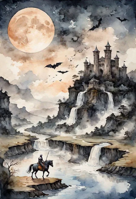 peach momoko style ink illustration, on parchment, ink splashes, ink stains, ink smears, faded ink, castle in ruins, bats in the distance, knight riding horse, moon, waterfall, river, in the clouds, fractals, night, gloomy tones, linquivera