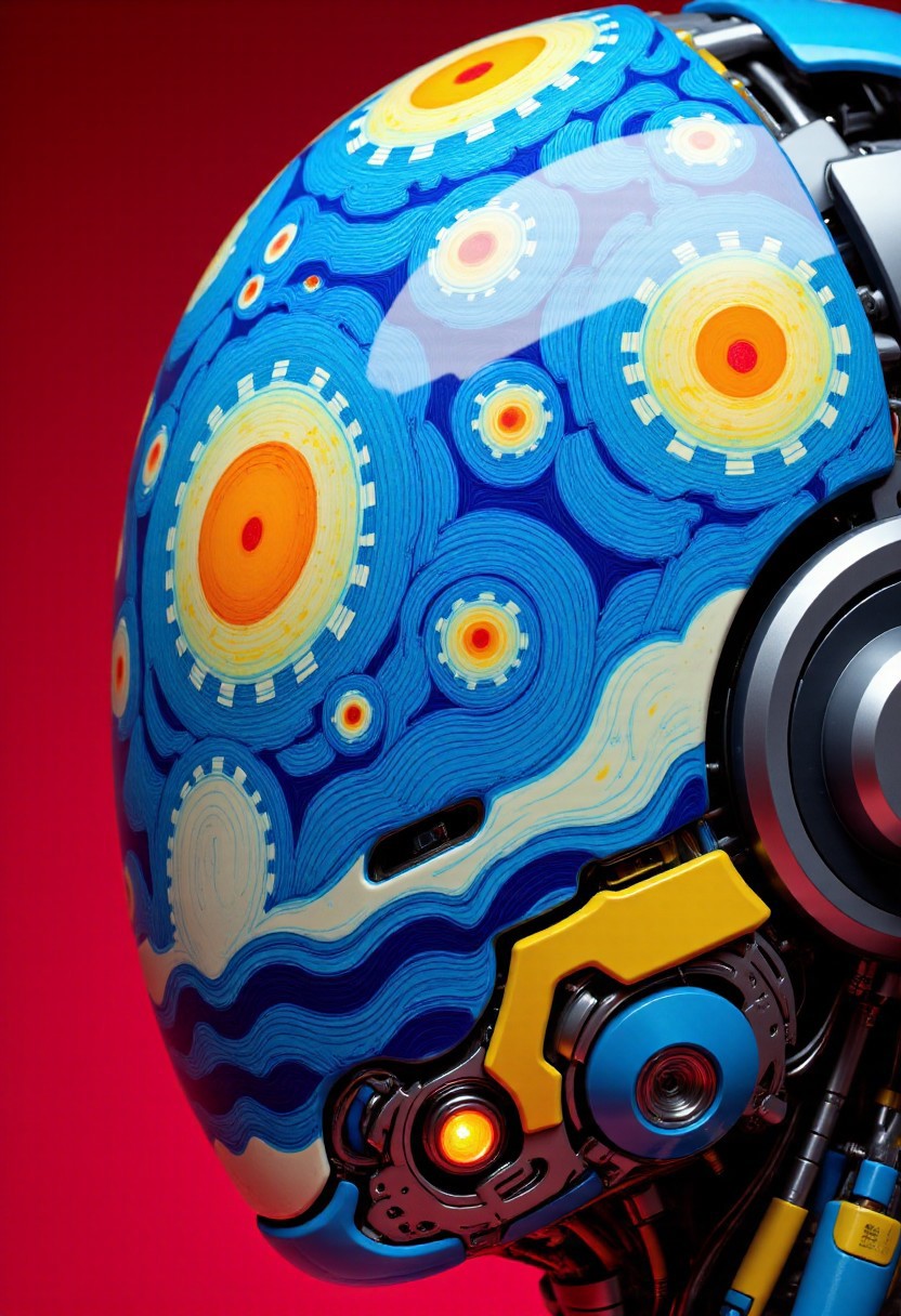A head close-up of an ajpasbot, a faceless Yakuza android, inspired by traditional irezumi tattoo art, reimagined in a surreal, chaotic dreamscape painted in the swirling brushstrokes of Van Gogh. The android's head is a porcelain-smooth dome, completely featureless, sculpted with soft, flowing curves. Its surface is covered in an impasto of thick, expressive oil paint textures—swirling spirals, turbulent strokes, and emotional waves of color.
Rather than bees and honeycombs, the surface transforms into a vast celestial storm inspired by Van Gogh’s night sky—fractured stars, swirling constellations tumbling through a sea of indigo. Golden suns burst like supernovae, and twisting vines and smoky spirals radiate outward from the center of the head, mimicking the universe in motion. The hues blend together—electric blues, violent yellows, deep ochres, and twilight purples—yet vibrantly illuminated with striking neon luminous orange highlights.
Within this cosmic tapestry, shifting shapes like windswept sunflowers, drifting koi fish, and warped temple roofs emerge and dissolve, constantly shifting as if painted by a mind on the verge of waking. Microscopic dreamlike fragments hide within the brushwork—melting eyes, curling smoke, and fading calligraphy, subtly dissolving into the void.
