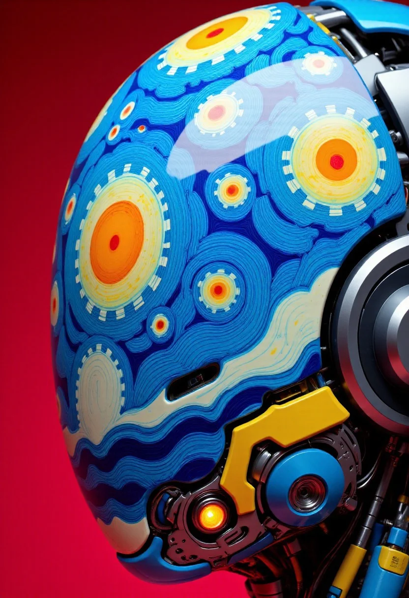 A head close-up of an ajpasbot, a faceless Yakuza android, inspired by traditional irezumi tattoo art, reimagined in a surreal, chaotic dreamscape painted in the swirling brushstrokes of Van Gogh. The android's head is a porcelain-smooth dome, completely featureless, sculpted with soft, flowing curves. Its surface is covered in an impasto of thick, expressive oil paint textures—swirling spirals, turbulent strokes, and emotional waves of color.
Rather than bees and honeycombs, the surface transforms into a vast celestial storm inspired by Van Gogh’s night sky—fractured stars, swirling constellations tumbling through a sea of indigo. Golden suns burst like supernovae, and twisting vines and smoky spirals radiate outward from the center of the head, mimicking the universe in motion. The hues blend together—electric blues, violent yellows, deep ochres, and twilight purples—yet vibrantly illuminated with striking neon luminous orange highlights.
Within this cosmic tapestry, shifting shapes like windswept sunflowers, drifting koi fish, and warped temple roofs emerge and dissolve, constantly shifting as if painted by a mind on the verge of waking. Microscopic dreamlike fragments hide within the brushwork—melting eyes, curling smoke, and fading calligraphy, subtly dissolving into the void.