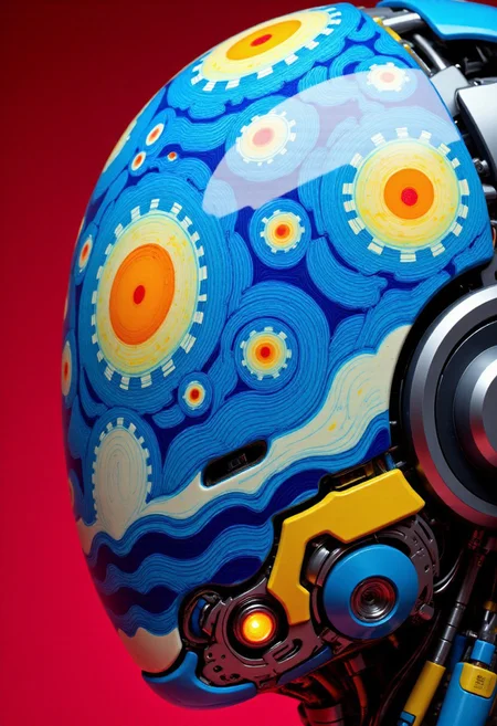 A head close-up of an ajpasbot, a faceless Yakuza android, inspired by traditional irezumi tattoo art, reimagined in a surreal, chaotic dreamscape painted in the swirling brushstrokes of Van Gogh. The android's head is a porcelain-smooth dome, completely featureless, sculpted with soft, flowing curves. Its surface is covered in an impasto of thick, expressive oil paint texturesâswirling spirals, turbulent strokes, and emotional waves of color.
Rather than bees and honeycombs, the surface transforms into a vast celestial storm inspired by Van Goghâs night skyâfractured stars, swirling constellations tumbling through a sea of indigo. Golden suns burst like supernovae, and twisting vines and smoky spirals radiate outward from the center of the head, mimicking the universe in motion. The hues blend togetherâelectric blues, violent yellows, deep ochres, and twilight purplesâyet vibrantly illuminated with striking neon luminous orange highlights.
Within this cosmic tapestry, shifting shapes like windswept sunflowers, drifting koi fish, and warped temple roofs emerge and dissolve, constantly shifting as if painted by a mind on the verge of waking. Microscopic dreamlike fragments hide within the brushworkâmelting eyes, curling smoke, and fading calligraphy, subtly dissolving into the void.