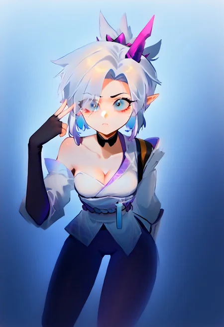 score_9, score_8, score_7_up solo BREAK 
1girl, BREAK medium breasts, seductive look,by yuio, <lora:yuio_style_PONYXL:1>,<lora:Mizah_style:1>,<lora:J.K_Pony_test_v1:1>,
BREAK Tracerkpop  , Tracer (overwatch),looking at viewer,blush,<lora:Lord_Moku:1> BREAK RivenSBXL, blue eyes, white hair, short hair, hair over one eye, sidelocks, single horn, hair ornament, pointy ears, medium breasts, black choker, collar bone, single bare shoulder, cleavage, white kimono, purple sash, multicolored sash, purple elbow gloves, fingerless gloves, purple pants, asymmetrical clothes, greaves, purple sandals BREAK v over eye,backhand