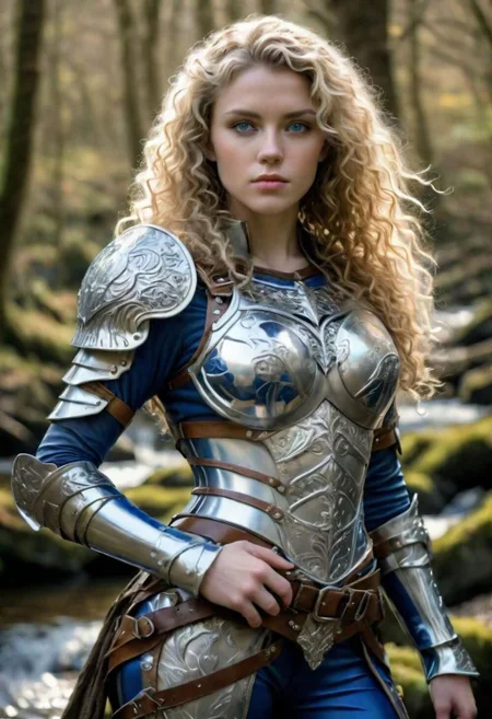 (masterpiece), (extremely intricate:1.3), (realistic),  picture of the most beautiful woman in Ireland, Brid Lightbringer, Warrior Queen, wavy curly blonde hair, (blue and white science-fiction armor and leather, intricate breastplate, thigh high boots), metal reflections, outdoors, enchanted woods river bank, stunning professional entire body photograph of the prettiest, most stunning woman in the world, detailed, sharp focus, dramatic, award winning, cinematic lighting, octane render unreal engine, volumetrics dtx, (film grain, blurry background, blurry foreground, bokeh, depth of field, motion blur:1.3)