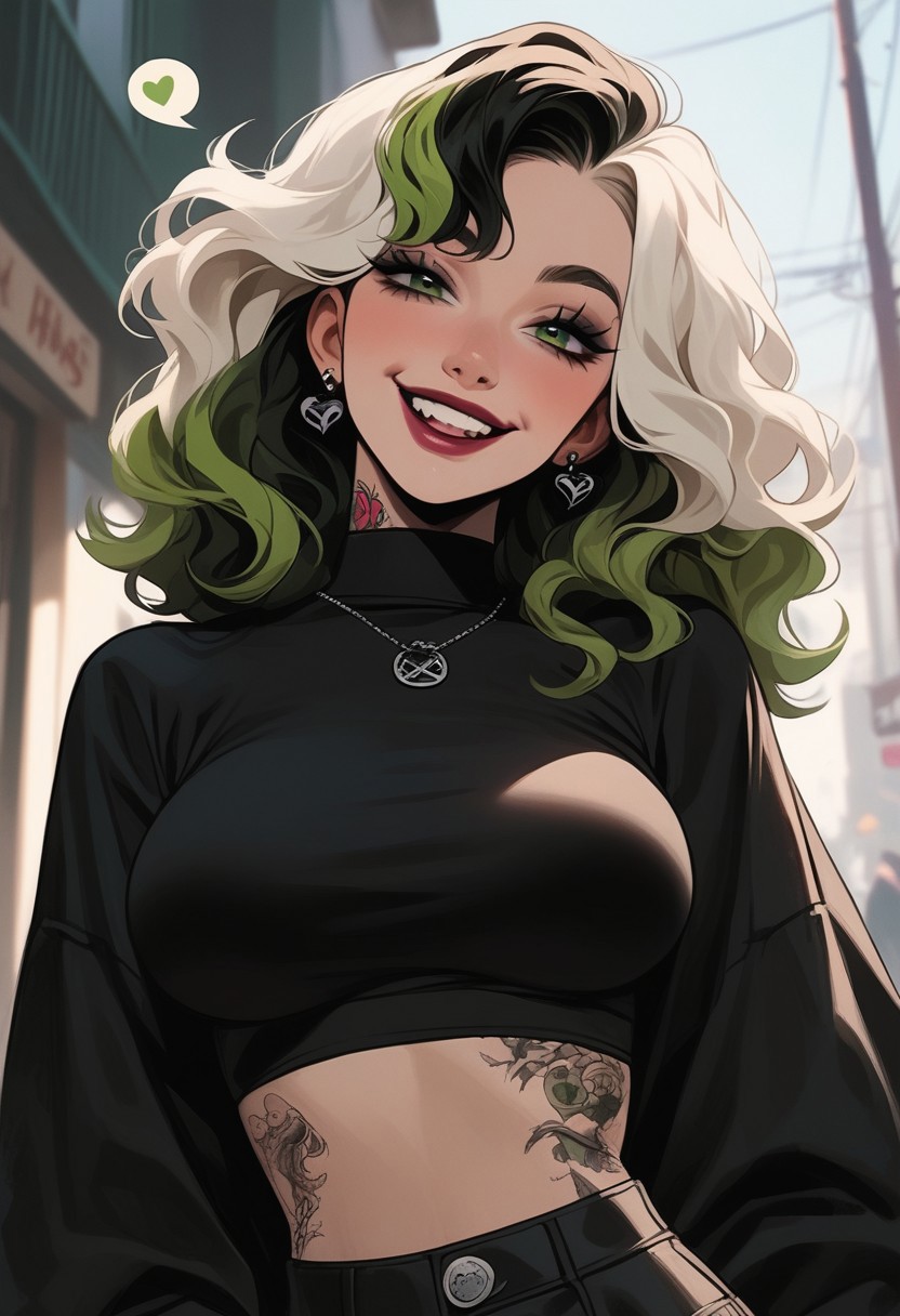 score_9, score_8_up, score_7_up, score_6_up, cute goth girl, blowing kiss:1.3, black outfit, (two color hair, green hair, white hair, short wavy hair, split color hair green white), tattoos, looking at viewer, smiling, happy, large natural breasts, anime, hips, flat tummy, cinematic angle, cinematic lighting, solo focus