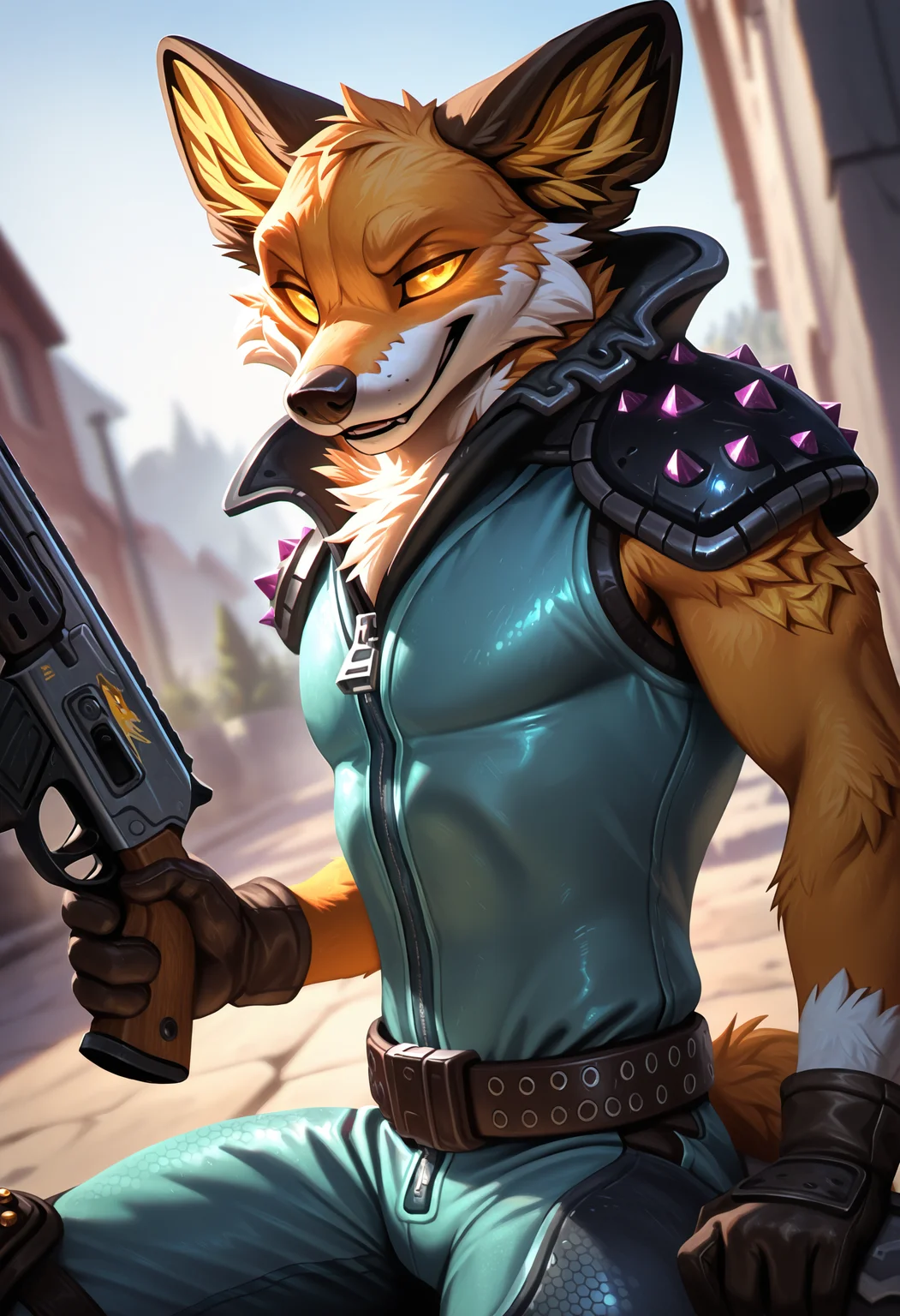 photorealism, photorealistic, chromatic aberration, depth of field, blurry background, detailed fur, looking at viewer, dutch angle, close up, (fennix:1.2), fortnite, male focus, solo, 1boy, holding weapon, holding shotgun, furry, anthro, clothes, colored sclera, shoulder armor, glowing eyes, (syuro:0.8), (nomax:0.5), (honovy:0.6), (kenket:0.6), (taran fiddler:0.6), masterpiece, best quality, amazing quality, very aesthetic, absurdres, newest, <lora:Fennix_Fortnite_Illustrious:1.0:1.0>, three-quarter portrait, side view, looking at viewer, spread legs, smug