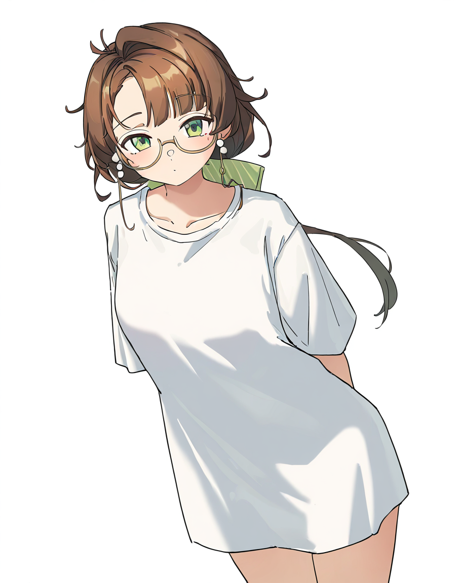 <lora:kakania-000006:1>,kakania,1girl,solo,looking at viewer,(alternate costume:1.2),simple background,white background,no_hat,cowboy shot,t-shirt,borrowed_garments,oversized_shirt,white shirt,, masterpiece, best quality, very aesthetic, absurdres,newest, incredibly absurdres,