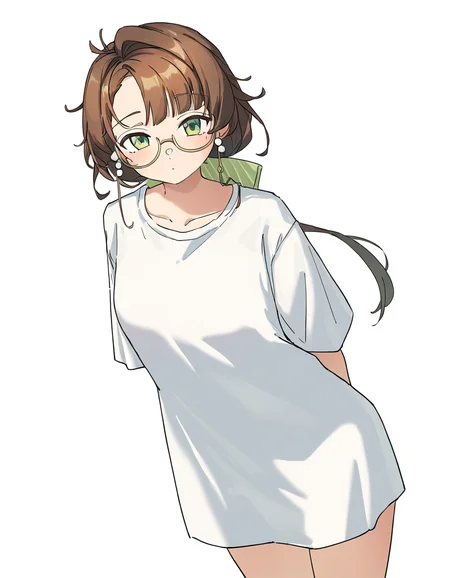 <lora:kakania-000006:1>,kakania,1girl,solo,looking at viewer,(alternate costume:1.2),simple background,white background,no_hat,cowboy shot,t-shirt,borrowed_garments,oversized_shirt,white shirt,, masterpiece, best quality, very aesthetic, absurdres,newest, incredibly absurdres,