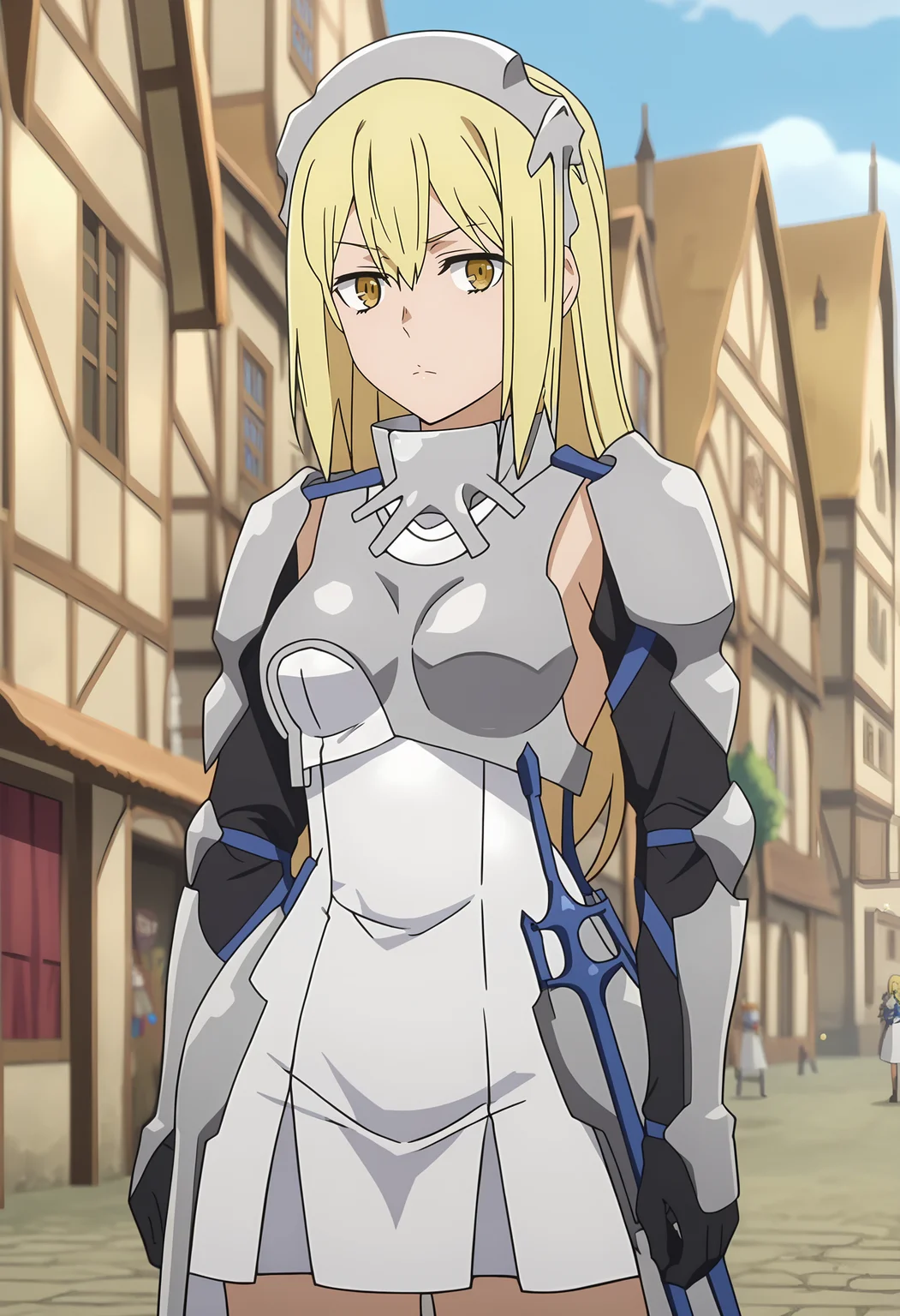 score_7_up, anime screencap,
<lora:DanMachi_AizWallensteinXL:0.9>,
1girl, solo, closed mouth,
long hair, blonde hair, hair between eyes, yellow eyes,
AisArmor, headgear, breastplate, white dress, short dress, shoulder pads, elbow pads, vambraces, faulds, black gloves,
standing, looking at viewer,
town, medieval, blurry background