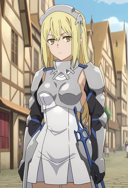 score_7_up, anime screencap,
<lora:DanMachi_AizWallensteinXL:0.9>,
1girl, solo, closed mouth,
long hair, blonde hair, hair between eyes, yellow eyes,
AisArmor, headgear, breastplate, white dress, short dress, shoulder pads, elbow pads, vambraces, faulds, black gloves,
standing, looking at viewer,
town, medieval, blurry background