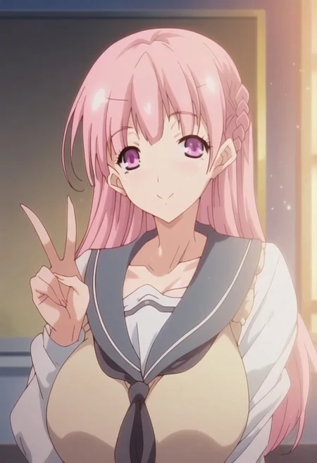 score_8_up, resolution, 8k, highest quality, best quality, masterpiece, soft lighting, volumetric lighting, shiny skin, mature, beautiful, Perfect color eyes, Colorful eyes, shiny skin,
...
1girl, Yuki himeno, pink hair, braid, pink eyes,
School uniform, peace sign,