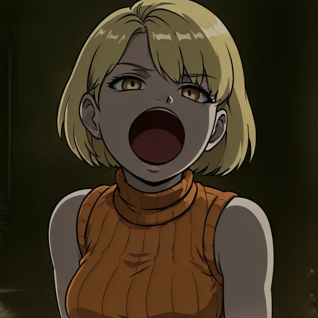 masterpiece, best quality, newest, absurdres, highres, anime, anime style, POPC-ILV1.0, :o, open mouth, 1girl, ashley graham (resident evil), blonde, orange shirt, blonde hair, orange sweater, sleeveless, sleeveless sweater, sleeveless tutrleneck, turtleneck, short hair, curtained hair,