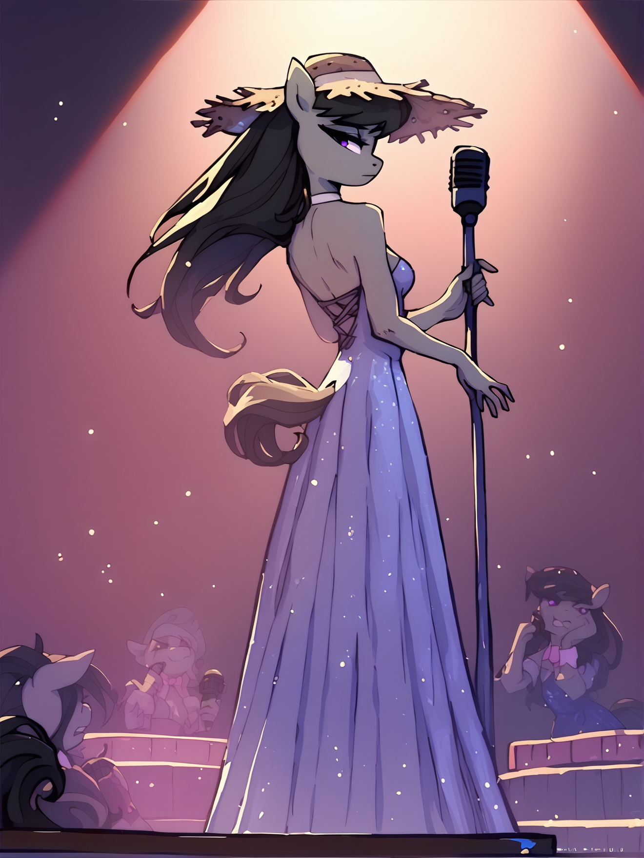 score_9, score_8_up, score_7_up, score_6_up, 1girl, Octavia \(mlp\), anthro pony, tail, sexy dress, wide-brimmed hat, stand microphone, club, on stage <lora:Oglaf_v0.2:1>