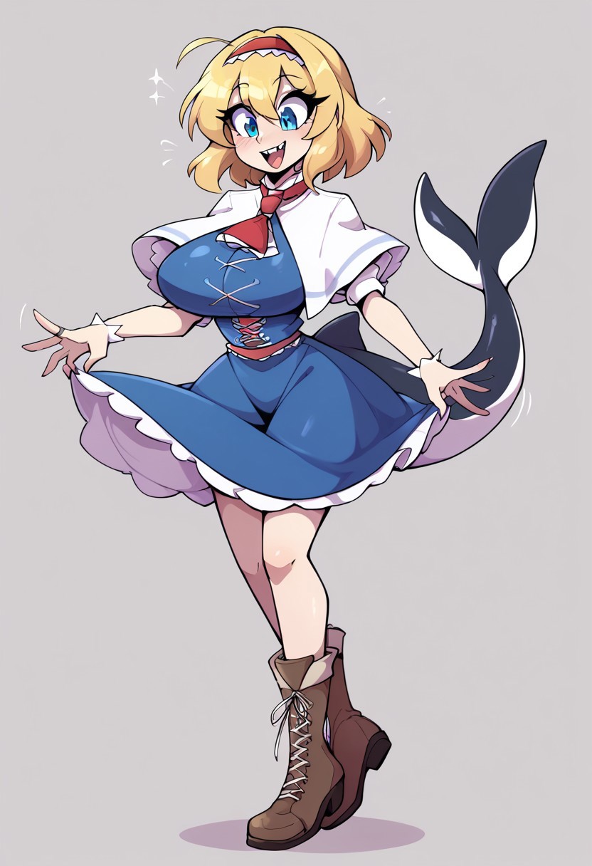 score_9, score_8_up, score_7_up, score_6_up, score_5_up, source_cartoon, JayJoe Style, solo, 1girl, cute orca, orca transformation, Anthropomorphic orca, (orca traits, orca features, orca tail:1.2), female, huge breasts, breast expansion, white breasts, flippers, flipper hands, orca hands, medium hips, aliceN, alice margatroid, medium hair, blonde hair, blue eyes, red hairband, hairband, frilled hairband, white capelet, blue dress, frilled dress, frilled ascot, red ascot, puffy short sleeves, brown footwear, cross-laced footwear, boots, grimoire of alice, doll, standing up, black lipstick