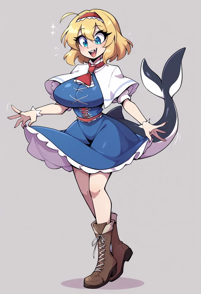 score_9, score_8_up, score_7_up, score_6_up, score_5_up, source_cartoon, JayJoe Style, solo, 1girl, cute orca, orca transformation, Anthropomorphic orca, (orca traits, orca features, orca tail:1.2), female, huge breasts, breast expansion, white breasts, flippers, flipper hands, orca hands, medium hips, aliceN, alice margatroid, medium hair, blonde hair, blue eyes, red hairband, hairband, frilled hairband, white capelet, blue dress, frilled dress, frilled ascot, red ascot, puffy short sleeves, brown footwear, cross-laced footwear, boots, grimoire of alice, doll, standing up, black lipstick