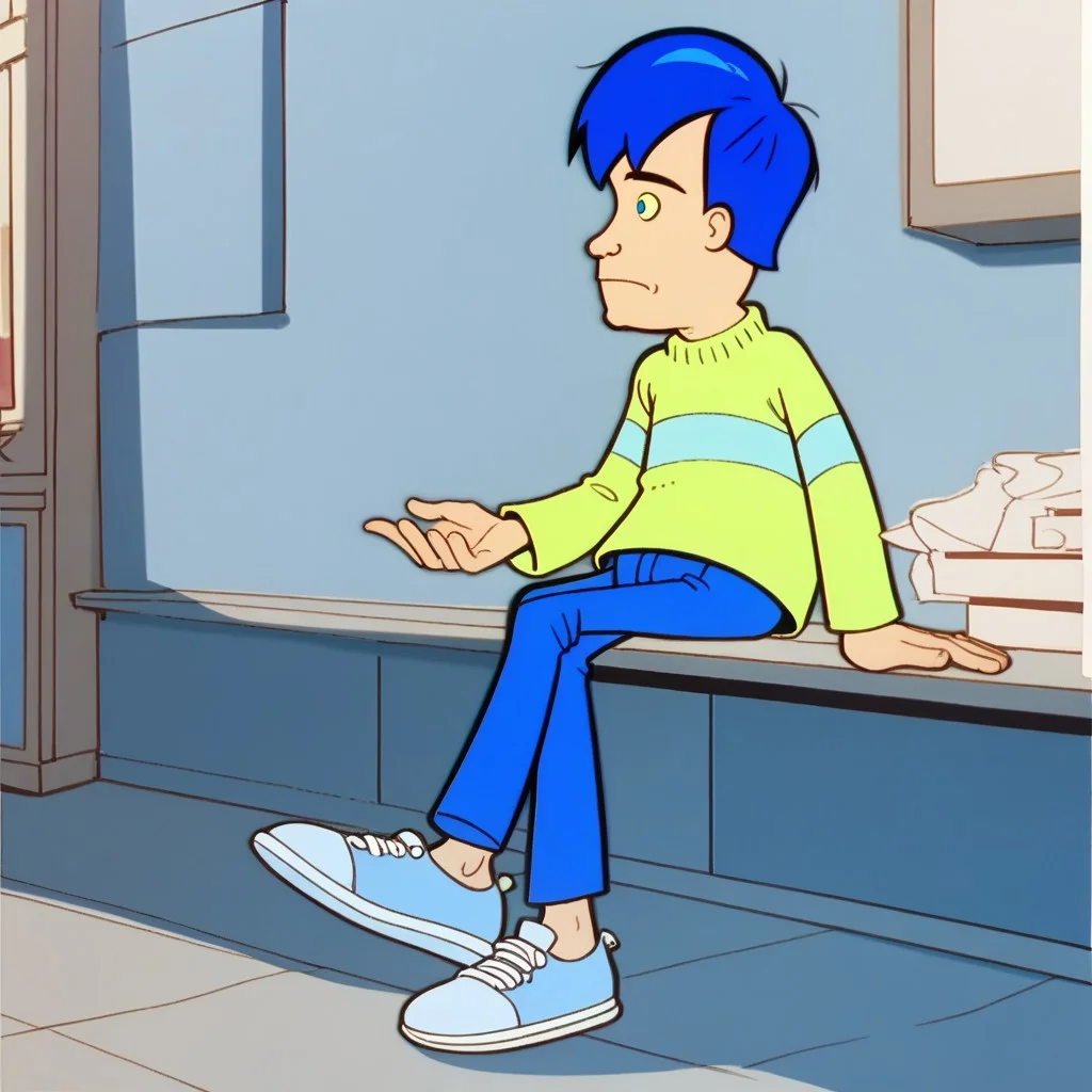 score_9, score_8_up, score_7_up BREAK AndyMH, 1boy, blue hair, blue eyes, yellow sweater with cyan stripe, blue pants, light blue white shoes, full body,