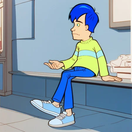 score_9, score_8_up, score_7_up BREAK AndyMH, 1boy, blue hair, blue eyes, yellow sweater with cyan stripe, blue pants, light blue white shoes, full body,