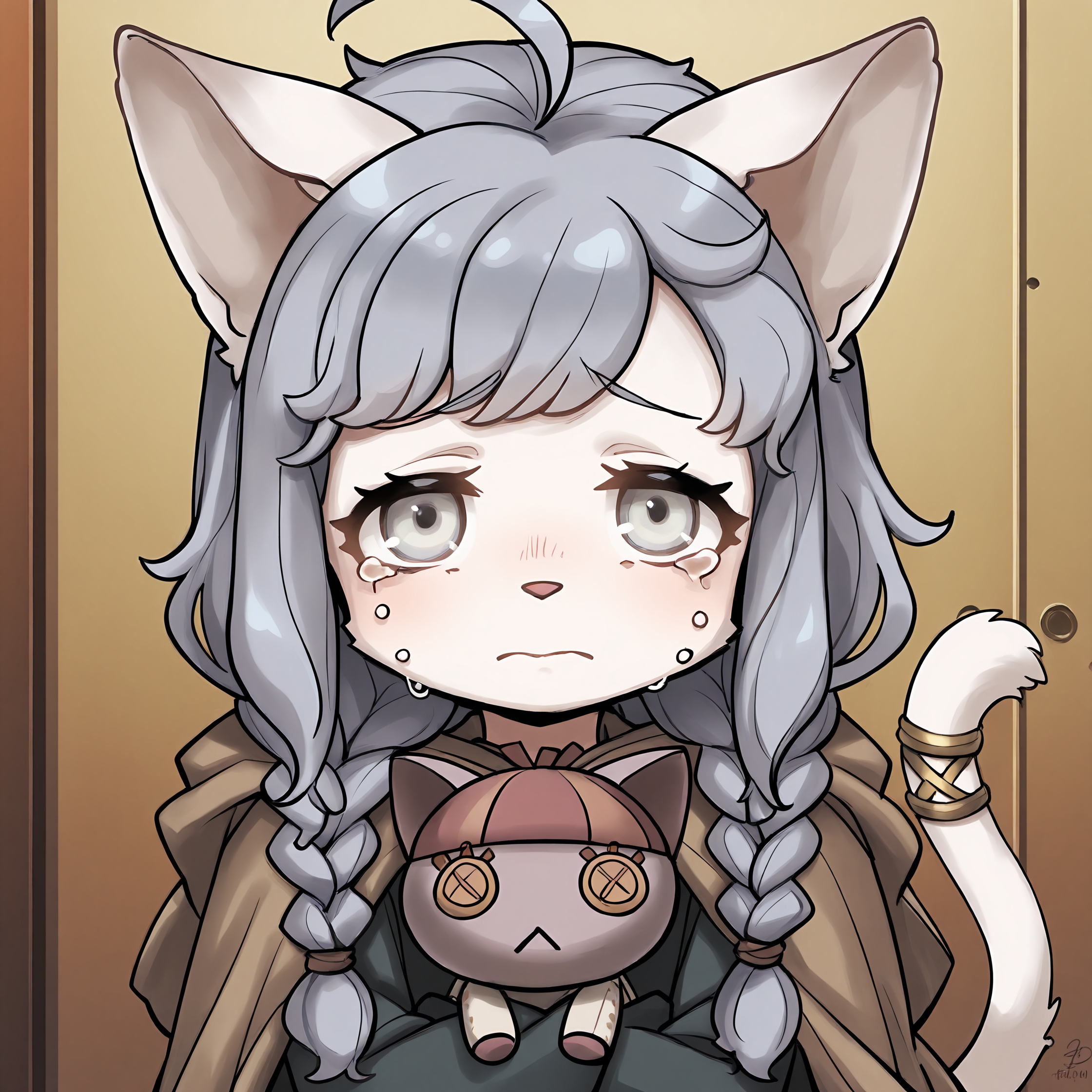 BREAK, <lora:Sheena_Falafel:1>, Sheena Falafel, Fuga: Melodies of Steel, kemono, furry female, young female, 1girl, cat girl, white fur, grey eyes, pastel blue hair, long hair, ahoge, bangs, sidelocks, animal ears, cat ears, animal nose, pink nose, cat tail, tail ornament, braided anklet, Fuga 1 appearance, twin braids,
BREAK, Fuga 1 Outfit, black dress, brown cloak,
BREAK, Bleuette, Bleuette doll, character doll, stuffed cat,
BREAK, solo, face focus, close-up, sad, tears, crying, looking at viewer