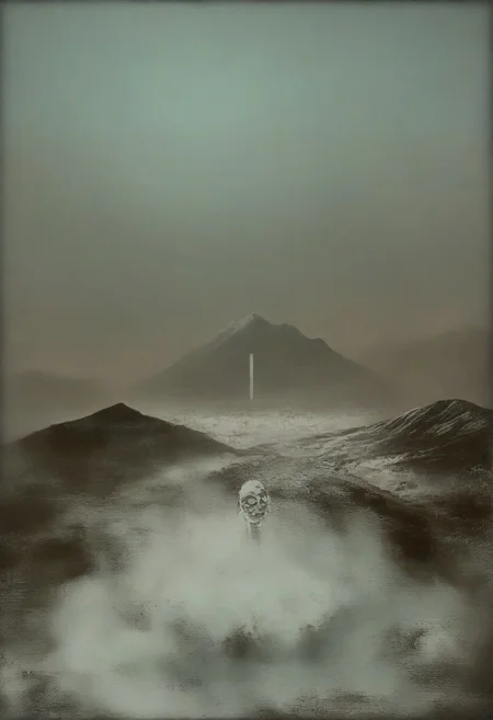 mountain, surreal,  double exposure, dark and moody ,colored all seeing eye pyramid  made of franglamex, covered with foam, soap bubbles, film grain, high quality,  dramatic, poster, ruanyi0156