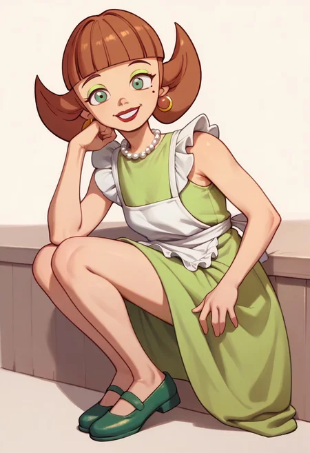score_9, score_8_up, score_7_up BREAK LoopyMom, 1girl, brown hair, blunt bangs, green eyes, cyan eyeshadow, cheek beauty mark, red lipstick, gold hoop earrings, white pearl necklace, white apron, sleeveless green dress, bare legs, green shoes, smiling at viewer, full body,