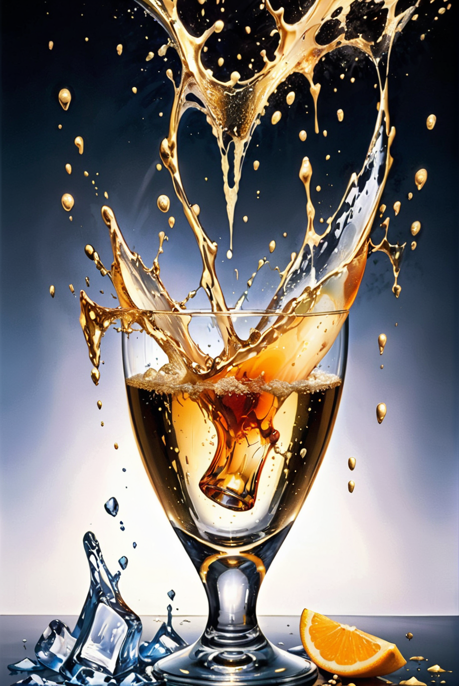 A surreal and hyper-realistic scene capturing the moment an ice cube drops into a champagne glass, causing water to splash dramatically. The image is a perfect blend of artistry and the beauty of impact, showcasing the intricate details of the ice, the champagne, and the splash in a visually stunning manner.
surreal, hyper-realistic, ice cube, champagne glass, dramatic splash, artistic, impact beauty, intricate details, visually stunning, sharp clarity, high quality, vibrant, dynamic composition, photorealistic, fluid motion, elegant, sparkling, captivating, exquisite lighting, dreamlike.
<lora:20240628-1719548811857:0.75>,
<lora:add-detail-xl:1.0>,
<lora:EnvyBetterHiresFixXL01:1.0>,
<lora:extremely_detailed:1.0>, extremely detailed, 
<lora:EldritchMixIllustration_1.1:0.25>,
<lora:Painted World-000006:0.8> painted world, colorful splashes,