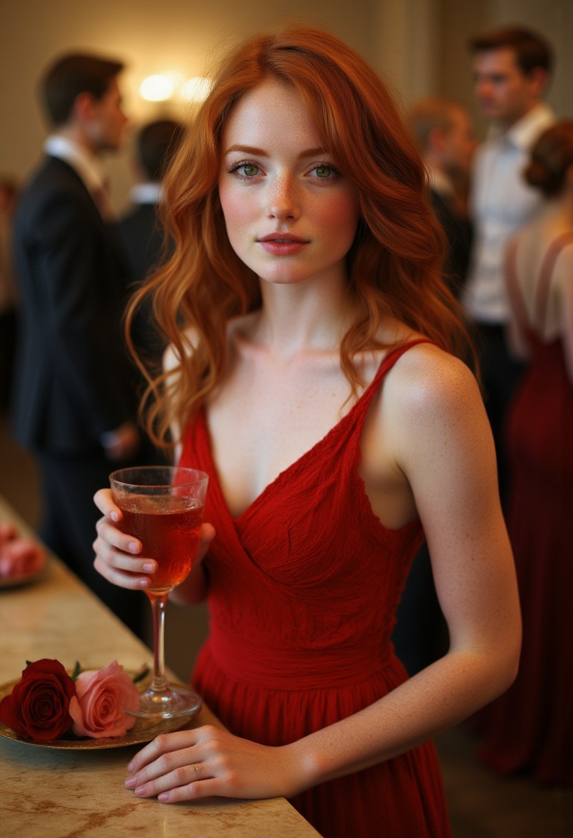 FictionalSabrina A red head girl with green eyes, in a beautiful red dress holding a glass on red wine at a gala. blurry background of a crowd. surrounded by flowers on marble tables