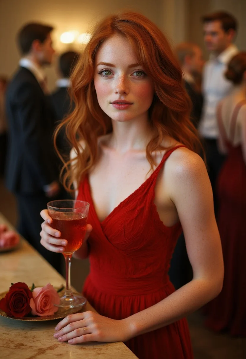 FictionalSabrina A red head girl with green eyes, in a beautiful red dress holding a glass on red wine at a gala. blurry background of a crowd. surrounded by flowers on marble tables