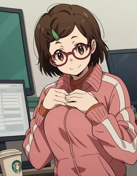 score_9, score_8_up, score_7_up, source_anime, <lora:risa-aoi-s1-ponyxl-lora-nochekaiser:1>, risa aoi, short hair, brown hair, hair ornament, brown eyes, glasses, hairclip, red-framed eyewear, medium breasts,, jacket, pants, track jacket, track suit, haori,, home office, working from home, computer screen, coffee cup, focus, deadline, smile, , hands on own chest,, solo,, cowboy shot, dutch angle