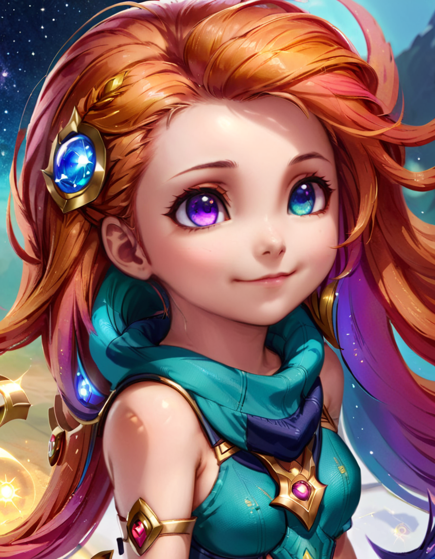 Adorable Kawaii 1girl zoe, (heterochromia), long multi colored hair, league of legends, Medium Shot,
 <lora:LolZoeXL:0.9> <lora:xl_more_art-full_v1:0.4>, ZIP2D , pretty, cute, adorable, kawaii