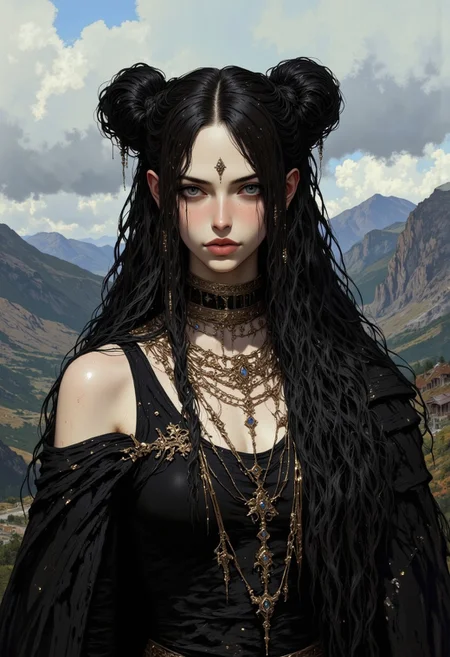a girl with dark hair braided into two high buns, from which long strands fall. her skin is light. She is dressed in a black dress with open shoulders, decorated with lace. Around her neck are several chains and a choker. The background is a landscape with mountains and valleys under a cloudy sky.mountains