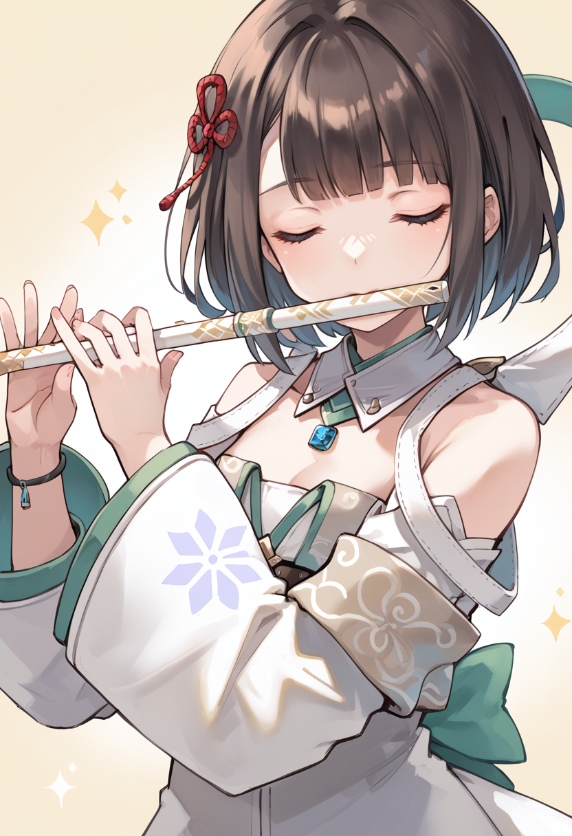 (score_9:0.9),score_8_up,score_7_up,rating_safe,anime style,(zPDXL),<lora:Xb3 miyabi ponyXL v1:0.8>,miyabi xb3,white detached sleeves,white dress,white detached collar,red hair ornament,1girl,flute,solo,closed eyes,playing flute,music,simple background,holding,upper body,holding instrument,<lora:flute:0.85>,