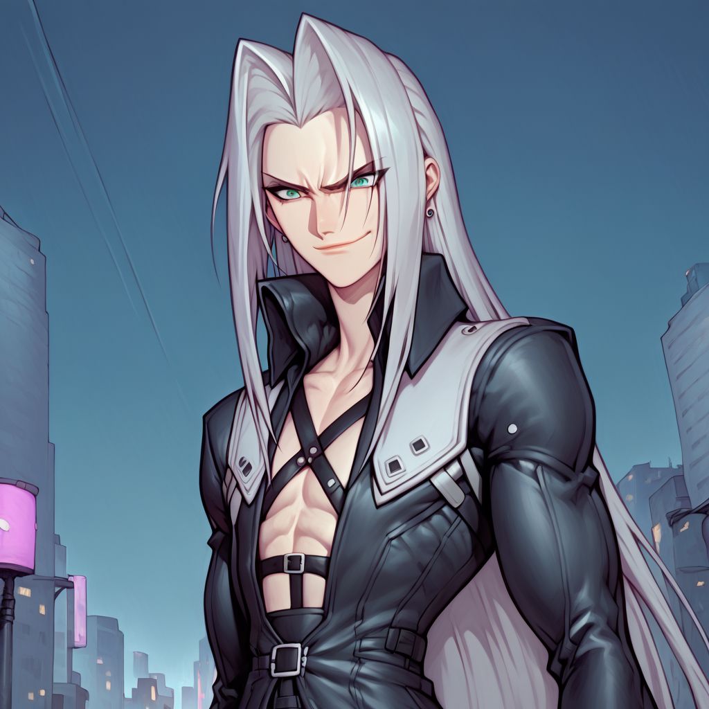 score_9, score_8_up, score_7_up, flightless detailed closeup action shot, from front, Sephiroth leaping through the air swinging very long sword in a wide overhead arc, smug expression, dynamic pose, exaggerated perspective emphasizing action, in an industrial city at night, dim street lighting, solo, beautiful, androgynous, flat chest, leather straps, broad shouldered, leather coat, high contrast, industrial cityscape background,