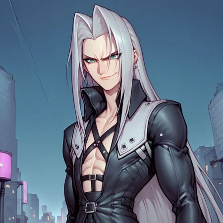 score_9, score_8_up, score_7_up, flightless detailed closeup action shot, from front, Sephiroth leaping through the air swinging very long sword in a wide overhead arc, smug expression, dynamic pose, exaggerated perspective emphasizing action, in an industrial city at night, dim street lighting, solo, beautiful, androgynous, flat chest, leather straps, broad shouldered, leather coat, high contrast, industrial cityscape background,