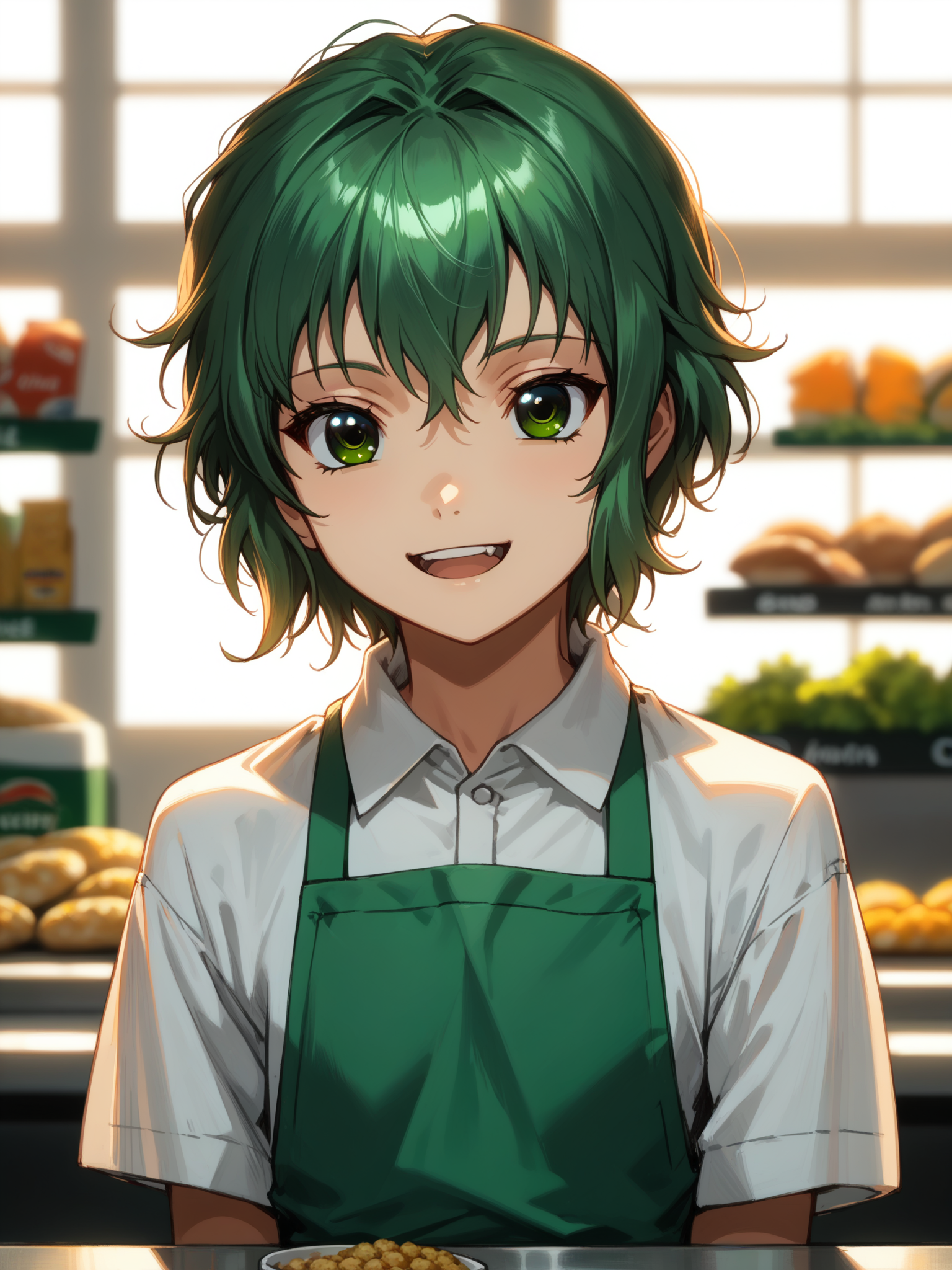 (upper body, solo focus:1.2) <lora:happy_tentacle-korone-v0.2:1>, ht_korone, (green hair, green eyes:0.5) (petite:1.2), <lora:Shed_The_Skin's StS_age_slider_v1_initial_release:-1.5> ( :1.1) ( , , (excited :1.2) , seductive smile , (looking at viewer:0.6) :1.1) indoors, ((dawn :0.6), :0.8), (open window :0.9), (furniture:0.9), , (sidelighting:0.5), (light rays, light particles:0.5) , , , (east asian architecture :0.9), grocery store, aisle, shelf, cereal box , store clerk, green apron ( :0.8) score_9, score_8_up, score_7_up, score_6_up, score_5_up, score_4_up, ( [(realistic, photorealistic:1.3):(realistic:1.2):14] [(3d:1.2)::12] [:anime coloring:10] :1) <lora:LUUNA's Lunas-NijiJourney-SDXL-B2:0.35>, nijijourney <lora:prgfrg23's Counterfeit-V3.0 Style SDXL_LoRA_Pony Diffusion V6 XL:0.6> <lora:mfcg's mfcgXL:0.12> <lora:reweik's gyokai(himehajime)_PonyXL_style_v01:0.14>