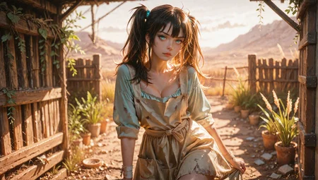Salaica_Neph, (blurred background), 8k, best quality, depth of field, dynamic lighting, high detail, masterpiece, photorealistic, realistic, ultra-HD, very aesthetic, (fashion photoshoot:1.1), 1girl, Dynamic pose, dirty grimy yet feminine, 24 years old, (large bosom cleavage1.2), movie still from a 1940s western movie, (intense glare at viewer:1.15), (Defiant frontier healer in sunlit clearing, simple blouse with rolled sleeves and linen apron:1.2), strands of wild hair escaping from beneath her small hat, piercing gaze full of wisdom, skirt dragging slightly in the dust, scattered herbs and bandages in background, dried desert plants growing in patches, aged wooden fence half-broken nearby, warm golden sunlight casting soft glow, isolated and tranquil yet gritty atmosphere, air thick with the smell of sage and earth, (contrapposto)