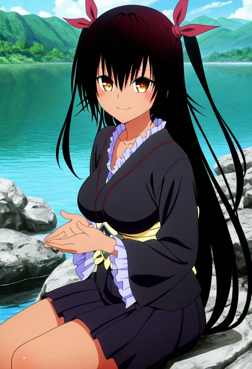 masterpiece, best quality, medium breasts, anime screenshot, to love-ru, to love-ru darkness, absurdres, highres, smile, solo,
master_nemesis, nemesis, long hair, black hair, ribbon, twintails, hair ribbon, yellow eyes, dark skin, dark-skinned female, mature female, large breasts, anime screencap,
sitting on a rock, lakeside, gentle breeze, reflective water, warm sunlight, relaxed expression, looking at viewer, smile, side view, from above, Sitting on a smooth rock by the crystal-clear lake, she leans back on her hands, letting out a soft sigh of contentment. The afternoon sun glistens on the rippling water, creating shimmering reflections that dance across her clothes. hair sways in the light breeze.