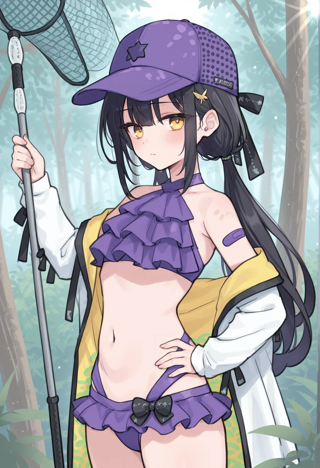 1girl, solo, low twintails, black hair, long hair, yellow eyes, baseball cap, hair ornament, star print, purple bikini, frills, black bow, bandaid on arm, jacket, off shoulder, outdoors, forest, sunlight, holding butterfly net, looking at viewer, dappled sunlight,  hand in own hip <lora:Miyu_swim_temp:1>, masterpiece, best quality, amazing quality, very aesthetic, absurdres, highres, newest