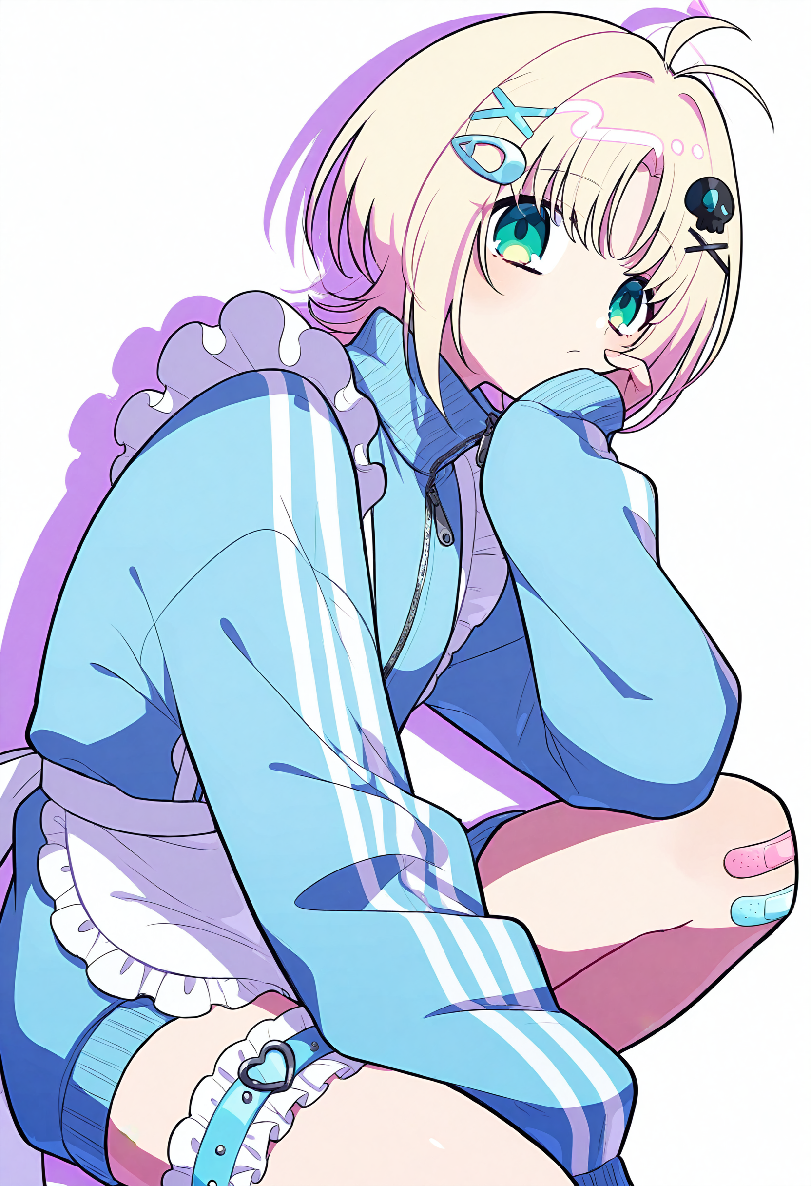 <lora:doramukann:0.8>,
<lora:ub1mo:0.8>,
<dasiwa-ill-void-droid-style-2964-52:0.6>, dasiwavodr,
white backgroundï¼simple backgroundï¼zipperï¼squattingï¼soloï¼waist apronï¼puffy long sleevesï¼colored shadowï¼neckï¼low collarï¼bowtieï¼hand on own faceï¼hand on own cheekï¼skull hair ornamentï¼bandaid on kneeï¼white simpleï¼from sideï¼unconventional maidï¼jersey maidï¼bridal garterï¼ahogeï¼sleeves past wristsï¼sleeves past fingersï¼blue jacketï¼