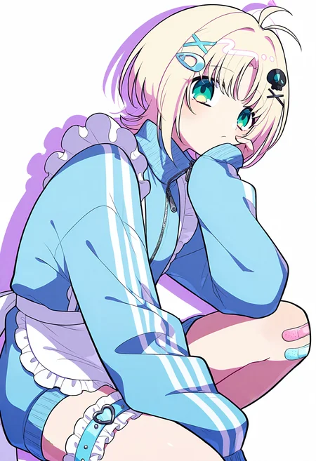 <lora:doramukann:0.8>,
<lora:ub1mo:0.8>,
<dasiwa-ill-void-droid-style-2964-52:0.6>, dasiwavodr,
white backgroundï¼simple backgroundï¼zipperï¼squattingï¼soloï¼waist apronï¼puffy long sleevesï¼colored shadowï¼neckï¼low collarï¼bowtieï¼hand on own faceï¼hand on own cheekï¼skull hair ornamentï¼bandaid on kneeï¼white simpleï¼from sideï¼unconventional maidï¼jersey maidï¼bridal garterï¼ahogeï¼sleeves past wristsï¼sleeves past fingersï¼blue jacketï¼
