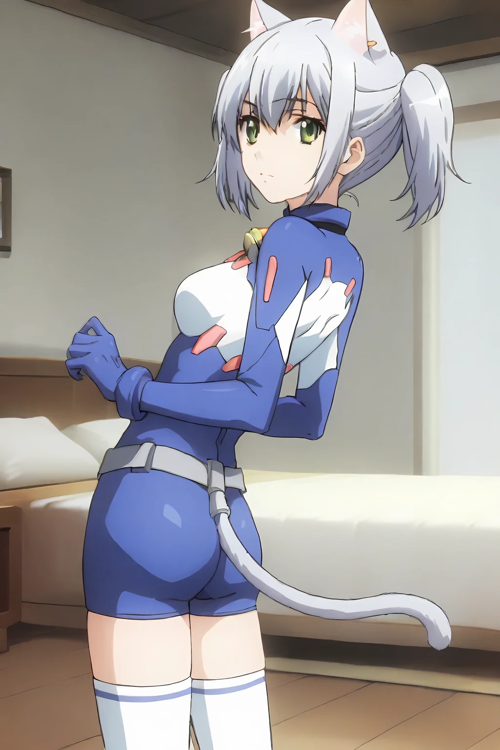 (blue bodysuit belt gloves white thighhighs bed lying down ass focus:1.50), cpc-chaika, short hair, short twintails, bangs, sidelocks, grey hair, hair between eyes, green eyes, cat ears, cat tail, neck bell,
1girl, solo, skinny, (source_anime, score_9, score_8_up, score_8, score_7_up), score_7, score_6_up, score_6, score_5_up, score_5,
(horny:1.30),
(living room:1.30),
(standing:1.60), (:1.20),
medium breasts
<lora:cpc-chaika-V01:0.80>
