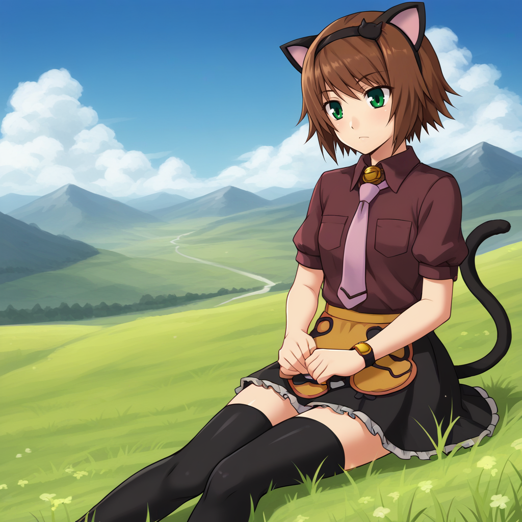 1girl, solo, R1tamord1o, brown hair, short hair, green eyes, sitting, outdoors, blue sky, cloudy sky, grass, scenery, summer, mountainous_horizon, <lora:Rita Mordio - Tales of Vesperia-000014:0.8>, animal ears, cat ears, hairband, alternate costume, necktie, skirt, black thighhighs, cat tail, day,