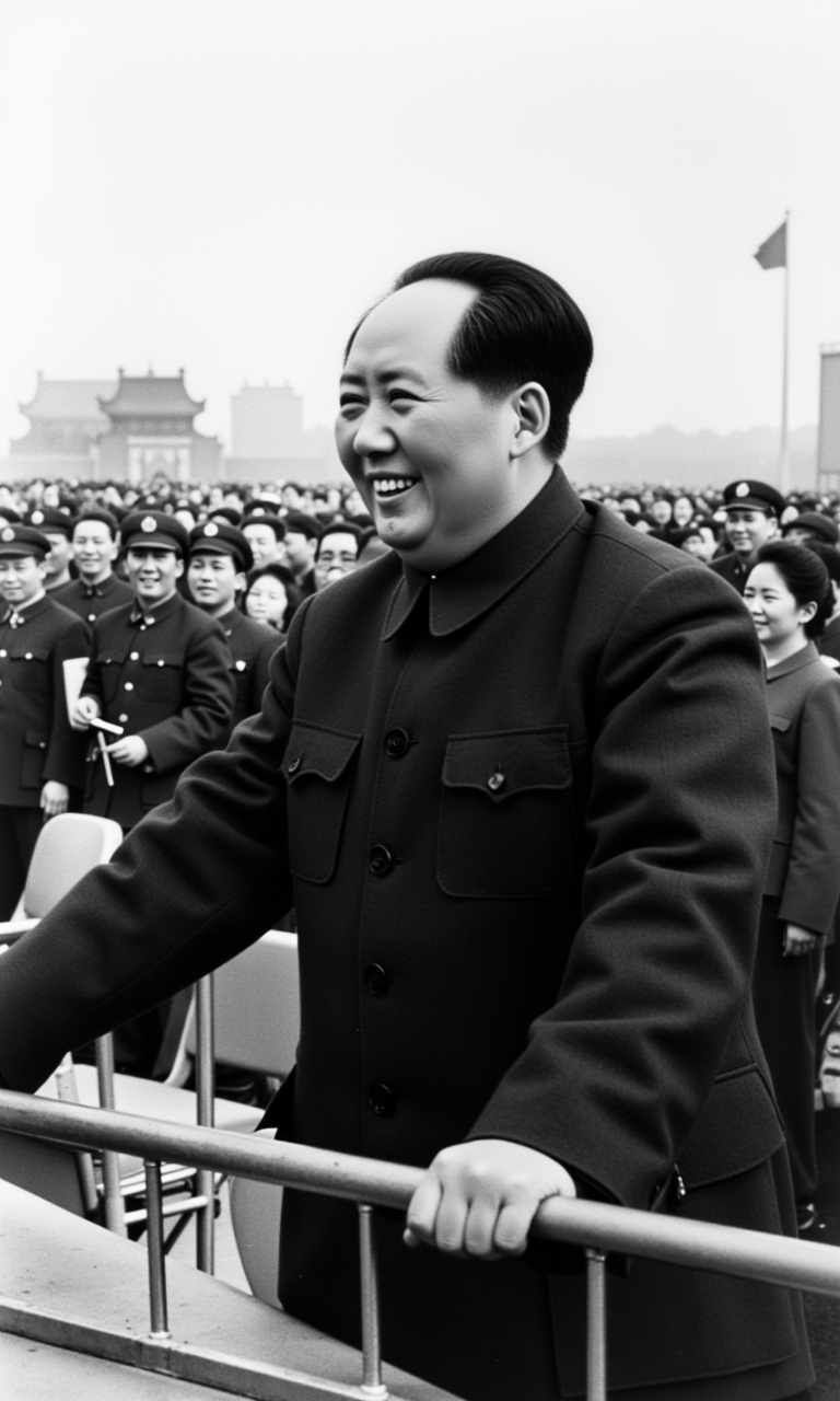 Top Atmosphere Photography Works, extremely realistic, film texture,
﻿
masterpiece, best quality, photorealistic, (Extremely realistic, top quality, official art, beautiful and aesthetic:1.2), 4k, 8k, very rich details, 
﻿
Mao. This black-and-white photograph captures a significant moment of a public event, likely a political rally or parade. The central figure is a man with a broad smile, standing on a balcony or platform with a balustrade in the foreground. He is dressed in a dark, buttoned-up jacket, typical of mid-20th century military or formal attire, possibly a Mao suit. His hair is neatly combed, and he appears to be in his late 50s or early 60s.
﻿
very strong contrast, dramatic lighting,
strong visual contrast,  perfect cue,
cinematic film style, special effects, VFX, award-winning picture, highly detailed, ultra-high resolutions, 32K UHD, sharp focus,
﻿
(photorealistic:1.5), (Extremely realistic, masterpiece, top quality, official art, best quality, beautiful and aesthetic:1.2), 4k, 8k, 
very rich details, 
