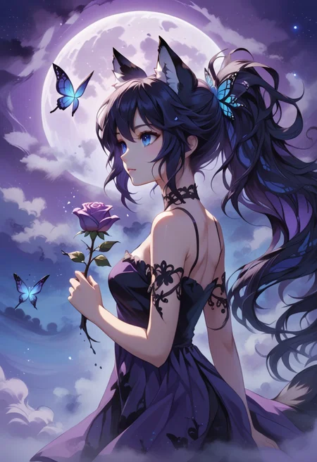 abstractzyrnox, abstract, abstract art, butterfly, blue, purple, white, fog, cinematic, purple sky, cloud, moon, ((1girl, foxgirl, fox girl), holding rose, high ponytail hair, black hair, blue eyes, black hair, messy hair)