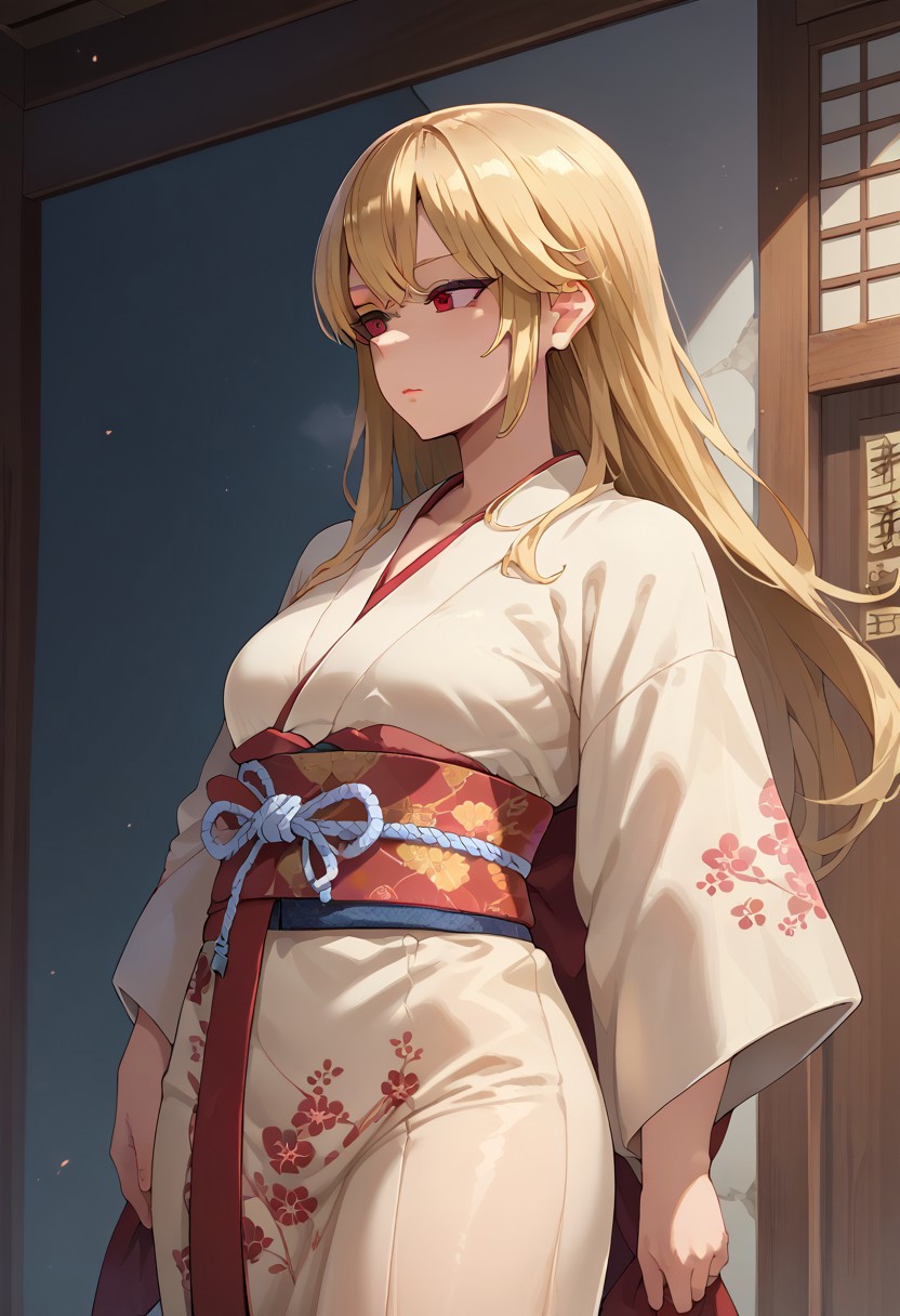 score_9, score_8_up, score_7_up, 1girl, original, blonde hair, japanese clothes, long hair, red eyes