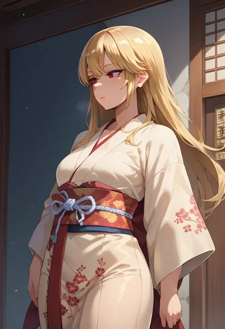 score_9, score_8_up, score_7_up, 1girl, original, blonde hair, japanese clothes, long hair, red eyes