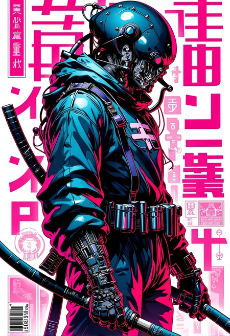 In the style of realistic, a cyberpunk warrior, (with the text "Neon Art Style":1.5) prominently displayed in the upper part of the image in bold letters., <lora:bv-neoartsty.safetensors:1.0:1.0>