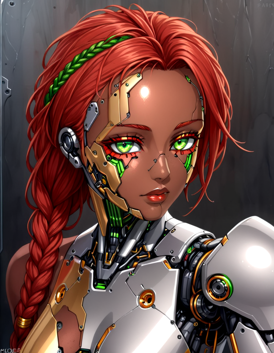 beautiful detailed portrait, beautiful dark-skinned woman, long red hair, many braids, dreadlocks, beautiful detailed face, green eyes, (cyborg, metal plates on face, metal plating, half robot, one side shaven, metal skin parts, plating lines, diodes, robotic, mechanical, android, human body:1.25), research lab in the background, best quality, ultra-detailed, sharp intricate details, elaborate, cinematic, octane render, natural lighting, soft shadows, lumen reflections