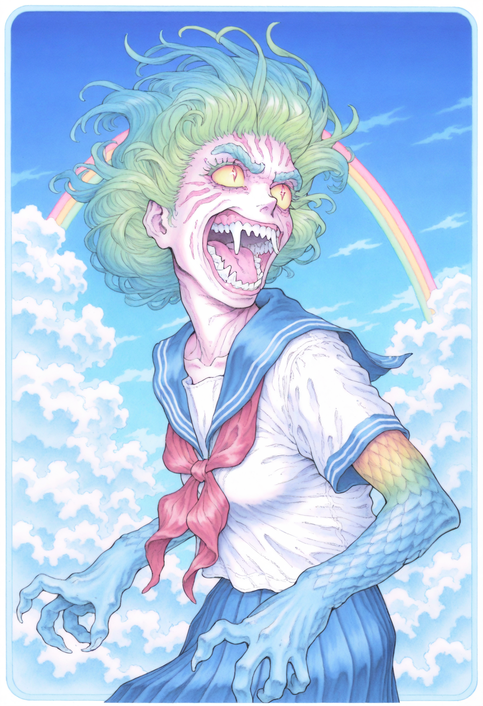 beachghost_, serafuku, traditional media, cloud, teeth, rainbow, sky, 1girl, red neckerchief, sharp teeth,monster girl,