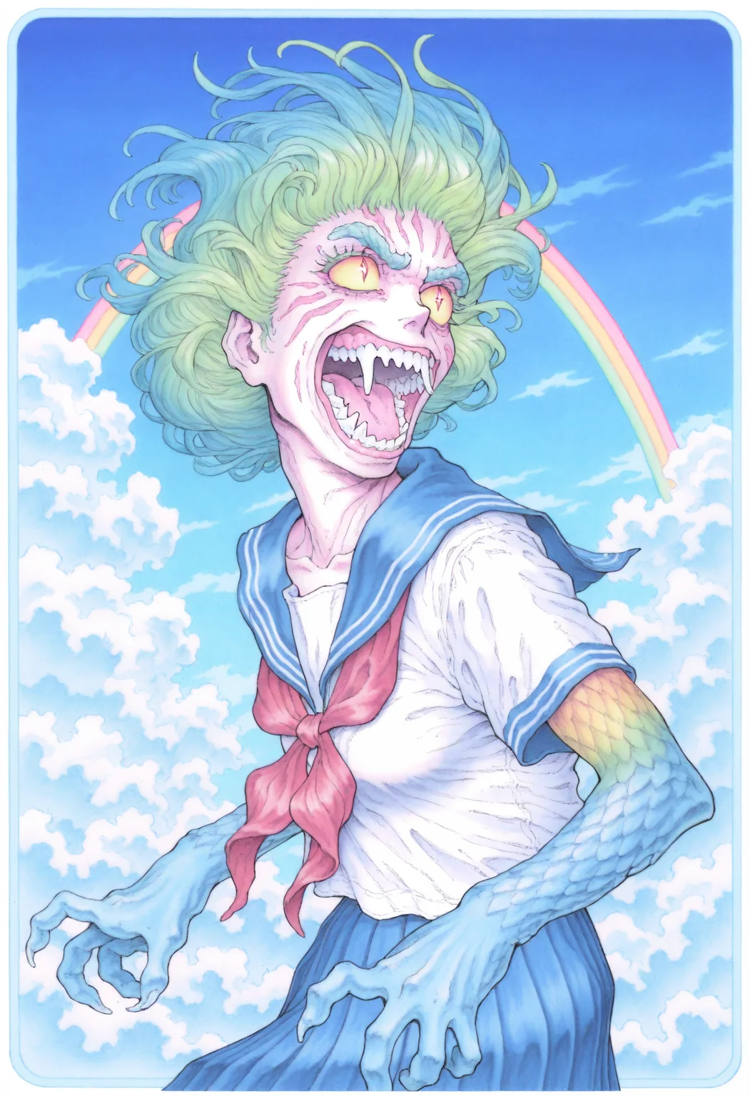 beachghost_, serafuku, traditional media, cloud, teeth, rainbow, sky, 1girl, red neckerchief, sharp teeth,monster girl,