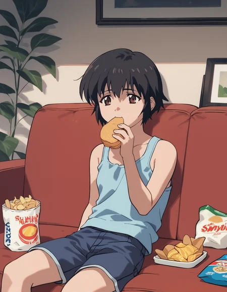 score_9, score_8_up, score_7_up, score_6_up, score_5_up, score_4_up
<lora:noir-2x-ponyxl-000016:1>
yuumura kirika, tank top, blue shirt, blue shorts
living room, couch, sitting, snack, potato chips, eating, messy room