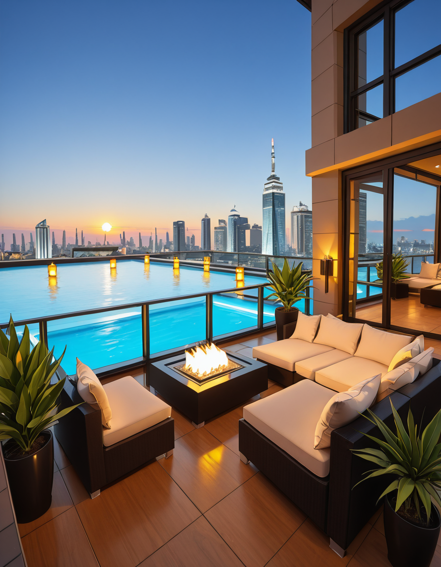 A breathtaking photo of a luxurious private rooftop at sunset, designed in a modern and elegant architectural style. The rooftop features a large infinity pool with crystal-clear water reflecting the warm golden hues of the sky. Surrounding the pool are plush, oversized lounge chairs with soft white cushions, neatly arranged under stylish wooden pergolas with flowing white curtains. In the background, a panoramic city skyline with shimmering skyscrapers stretches across the horizon. Ambient string lights hang delicately overhead, casting a soft, romantic glow. A chic outdoor bar with marble countertops is positioned on one side, decorated with fresh tropical plants and golden lanterns. The atmosphere feels serene and exclusive, with subtle reflections on the polished wooden floor. The lighting is a perfect mix of natural sunset tones and ambient soft white lights. The overall mood is peaceful, sophisticated, and inviting, ideal for an elite gathering or private escape.
<lora:SDXLFaeTastic2400:0.4> <lora:extremely_detailed:0.4> extremely detailed, <lora:luxurious_pr1v4t3_r00ft0p-i:1>,luxurious pr1v4t3 r00ft0p, Masterpiece,best quality,hi res,8k,hi res,8k,award winning,(sharp focus, intricate, highly detailed),