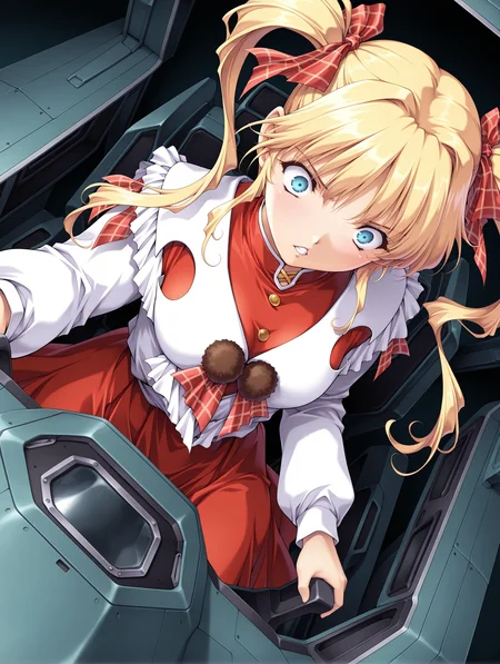 masterpiece,best quality,amazing quality,1girl,solo,
<lora:IL_ootori_sisters:1>,ootori akane,blonde hair,red hair ribbon,blue eyes,twintails,red dress,long sleeves,pom-pom,bow,red skirt,<lora:Fixhands_anime_bdsqlsz_V1:1>,simple_background,zerosiki,mecha,cockpit,serious,dynamic_angle,cinematic_angle,dutch angle,medium breasts,cowboy_shot,portrait,dark,grin,constricted pupils,wide-eyed,chestnut mouth,crazy_smile,crazy,looking ahead,gasping,laughing,